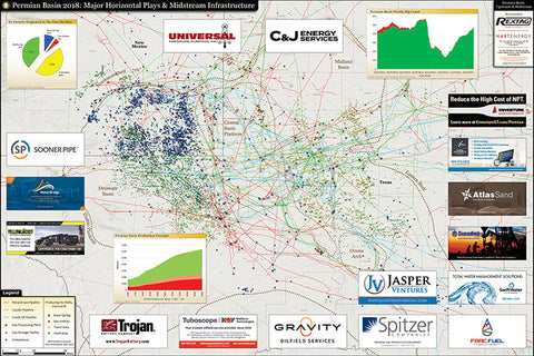 E&P oil and gas, 2018 Permian Basin Horizontal Plays and Midstream Infrastructure Map